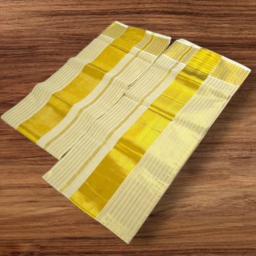 Image of Womens Kuthampully Set Mundu With Golden & Stripes Kara