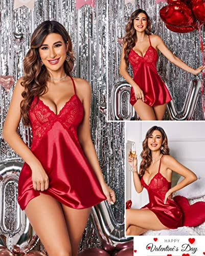 Avidlove Women Bridal Robe Satin Nightgown Lace Lingerie Set Sexy Babydoll V Neck Sleepwear Strap Chemise A Red #TOP3
