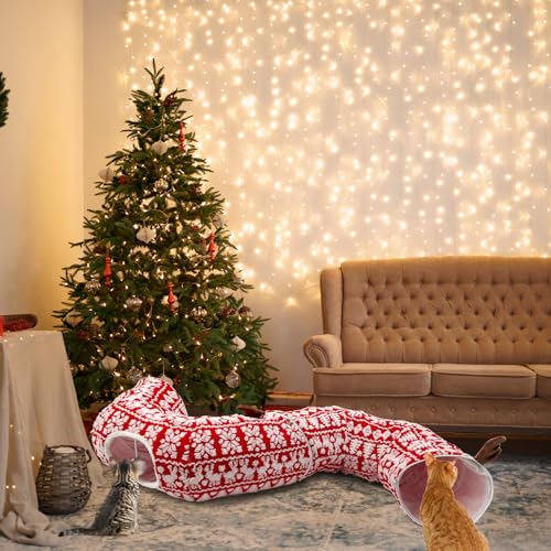 Cat Donut Tunnel for Christmas Tree - Warm Soft Cat Tube Christmas Tree Skirt, Christmas Themed Patterns Cats Red Tunnel Bed with Central Mat Multifunctional Round Pet Cave Toy for Kittens by DTGDASCF - Image 6