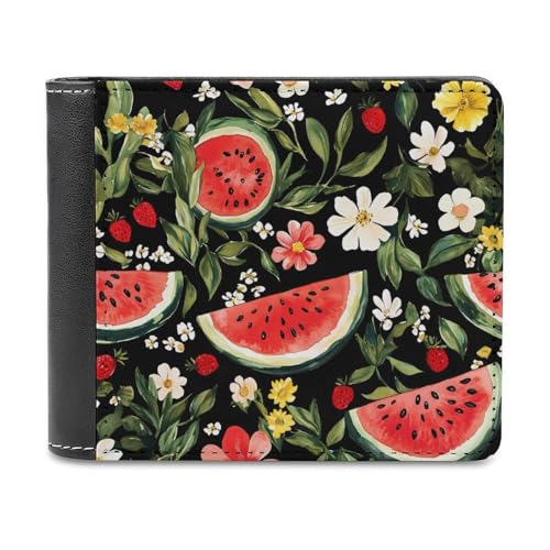 Watermelon Strawberry Daisy Flowers Leather Wallets for Men Slim Bifold Purse Clutch with 6 Credit Card Pockets