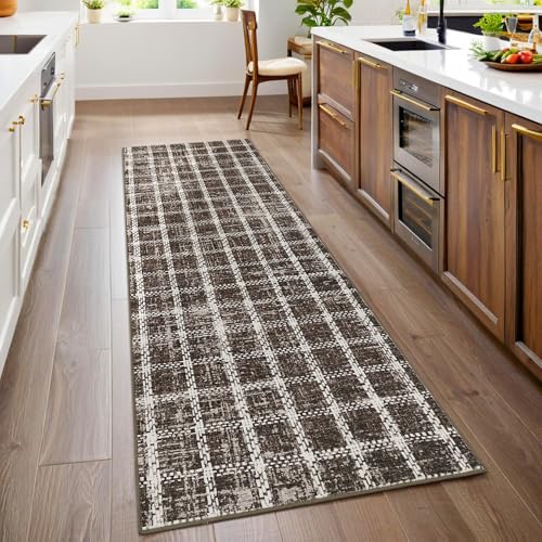 ROYHOME 2x6 Runner Rug for Hallway Brown Checkered Rugs Washable Low Pile