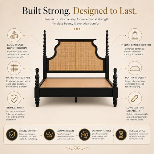 Image of Solid Wood Poster King Size Poster Honeymoon Bed Without Storage with Designer Piller and Cane Crafting for Couple Bedroom (King Size, Walnut Finish, 1 Piece)
