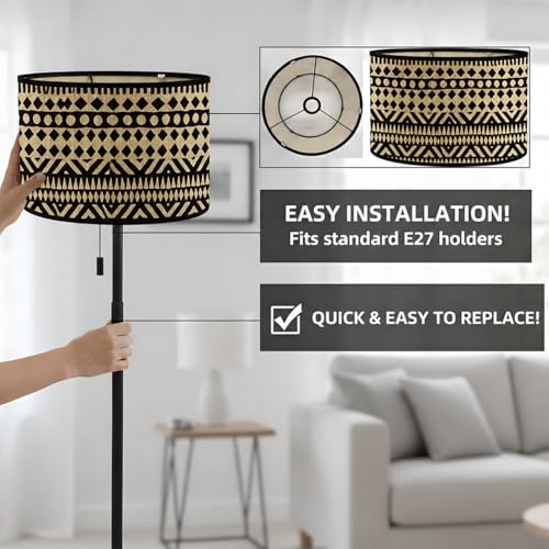 Image of Bamboo Lamp Shade, Wabi-Retro lamp shade, Hand-Woven Drum Light Cover for E27 Base 30X30x20CM, Easy Install Pendant Floor Wall Table Lamp Shade, Natural Mottled Shadow Effects