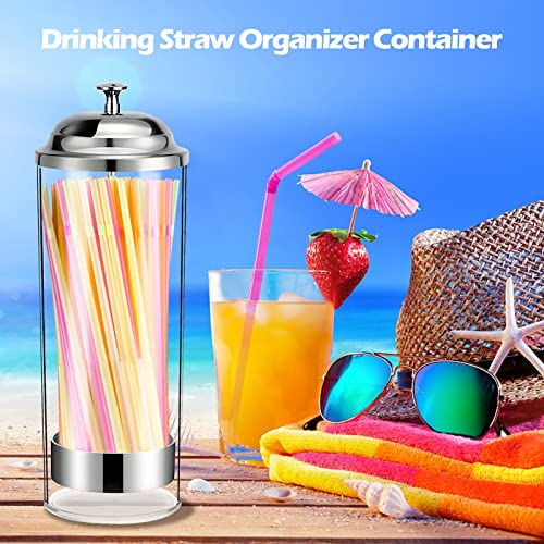 Straw Dispenser With 100Pcs Drinking Straw, Plastic Straw Holder With Stainless Steel Lid, Drinking Straw Organizer Container Transparent Drinking Straw Holder Dispenser For Kitchen #TOP2