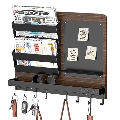 Portachiavi E Portalettere Da Parete In Legno Massello FifthQuarter - Mensola Rustica Con 6 Ganci E Cassetto - Per Ingresso, Corridoio O Cucina (Nero)
