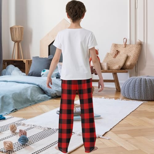 Boy's Pants Red Black Lumberjack Plaid Jogger Pants Elastic Waist Long Bottoms Trousers with Pockets 6-14 Years3
