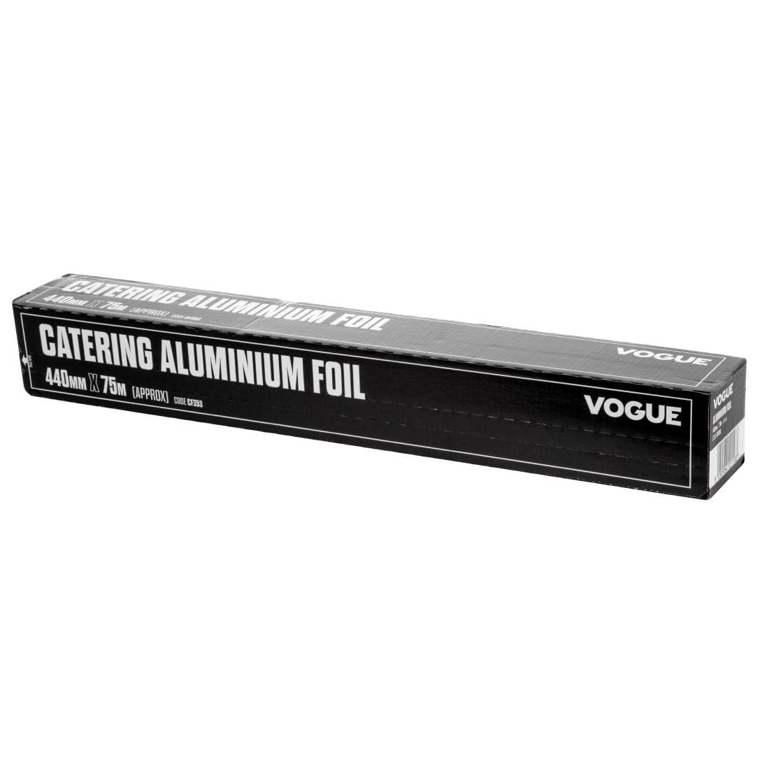 Vogue Papier aluminium, 440 mm x 75 mètres, argent, avec lame de coupe dentelée, 12 microns, rouleau de papier d'aluminium pour service alimentaire, film de cuisine de qualité supérieure, CF353