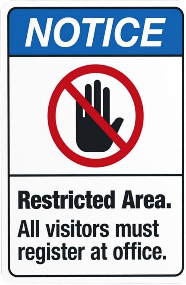 Restricted Area All Visitors Must Register At Front Desk Warning Sign Visitor Security Metal Signs For Business Home Road Yard Garage Street Wall Safety Caution Decor Gift For Women Men 8x12 Inch