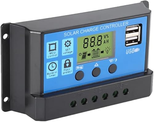 Contrôleur de charge solaire 30 A, contrôleur de charge du panneau solaire 12 V/24 V, réglage de la minuterie PWM, régulateur intelligent avec double port USB 5 V, écran LCD réglable