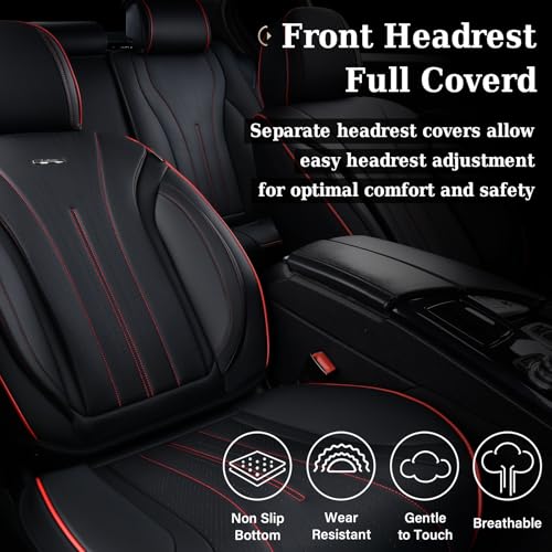 Image of Coverado Car Seat Covers Full Set, Leather Seat Covers for Car, Waterproof Seat Covers, Automotive Seat Cushions, Breathable Car Seat Protector Universal for Most Sedans, Trucks, SUV (Black &Red Line)
