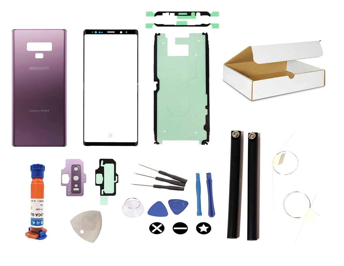 Screen Repair Kit Compatible with Samsung Galaxy Note 9 Model N960 Black Front Outer Glass Lens and Lilac Purple Back Glass Cover Replacement