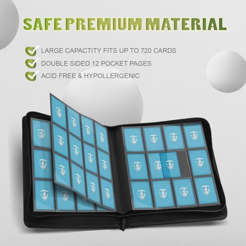 Image of 12 Pockets Trading Card Zipper Binder for 720 Cards| Secure Side Loading Pockets | Trading Card Album Folder | Compatible with YuGiOh, MTG (Dark Green 12)