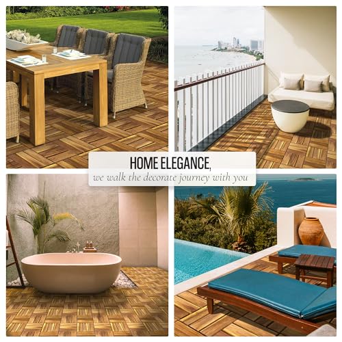 Image of Pack of 10 Deck Tiles - 12 inchx12 inch Interlocking Natural Solid Acacia Wood for Outdoor & Indoor, Patio Garden, Balcony, Poolside - Golden Teak Color