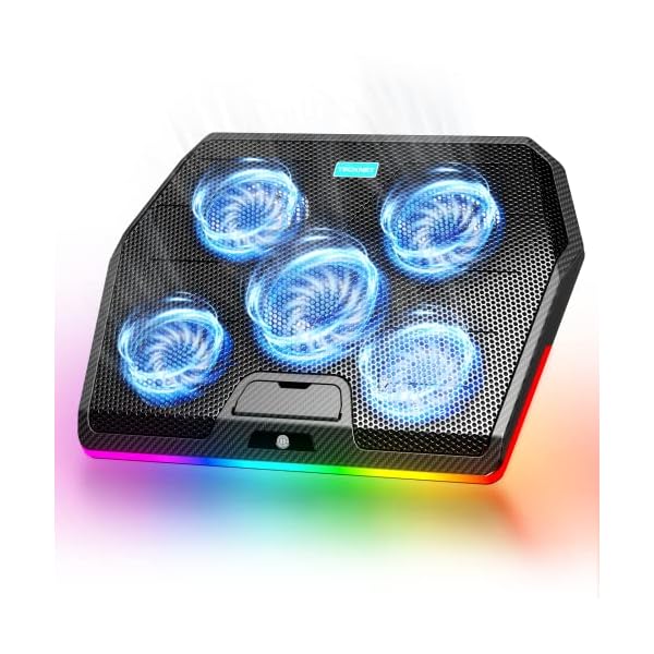 TECKNET Laptop Cooling Pad,RGB Laptop Cooler With 5 Quiet Fans,Gaming Laptop Cooling Stand with Touch Button and 2 USB Ports,3 Height Adjustable Laptop Fan fits 12"-19" Notebooks