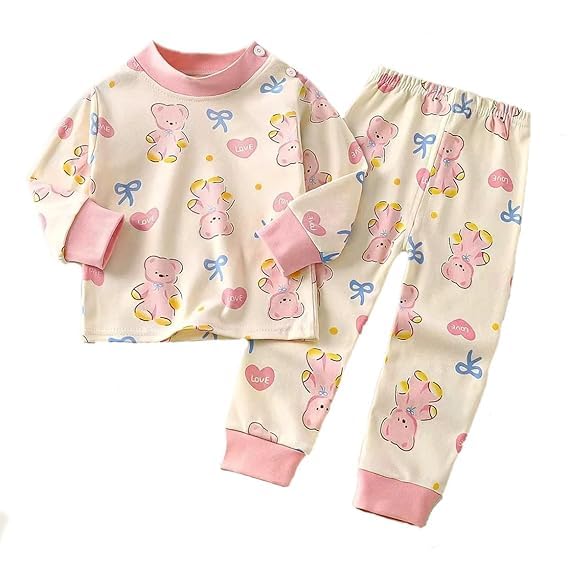 Image of Bold N Elegant Bright Cute Cartoon Print Little Boy Girl Kids Full Length Tshirt Pant Pajama Set for Baby Infants