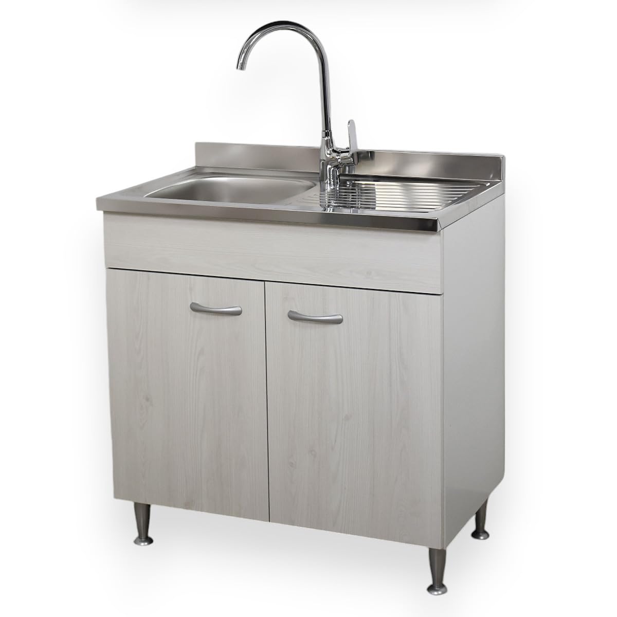 Yellowshop - Mobile cucina sottolavello a 2 ante cm 80 effetto legno frassino moire componibile con lavello inox e scolapiatti Basic (Sottolavello con lavello piano Dx)
