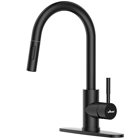 APPASO Kitchen Sink Tap Mixer Hot & Cold, Black Kitchen Tap, Single Handle High Arc Swan-Neck Kitchen Faucet with Pull Down Sprayer Suitable for 1 or 3 Holes Kitchen Sink, Matte Black