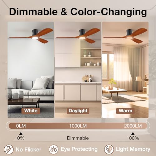 Image of 52 inch Low Profile Smart Ceiling Fans with Light Remote,Flush Mount,Wood,Quiet