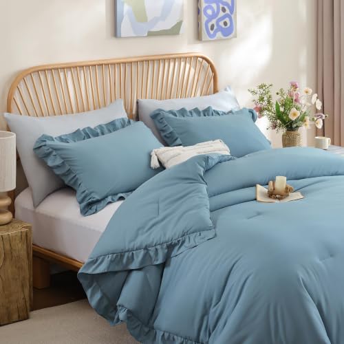 Image of JANZAA Mineral Blue Comforter Set Twin - Soft Microfiber, Lightweight All Season Bedding, Ruffle Shabby Chic Aesthetic, Breathable Cozy Bed Set with 1 Pillow Shams, Machine Washable