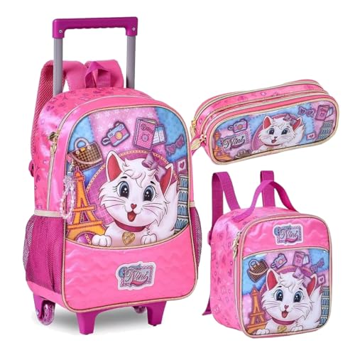 Kit Mochila Infantil Carrinho Rodinha Menina Gatinha Nini