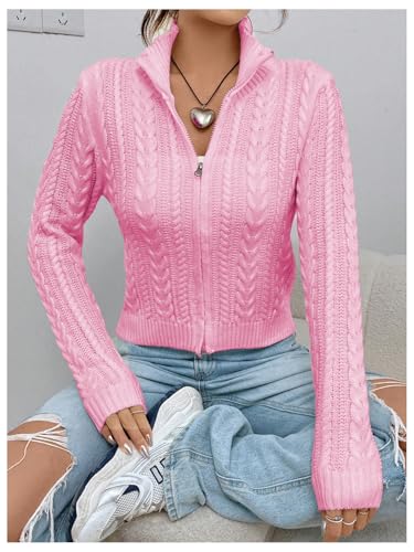 Image of MakeMeChic Women's Cropped Cable Knit Sweater Zip Cardigan Fall Clothes
