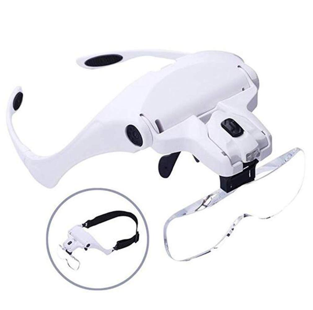 EUQKKWLOY Kopfbandlupe mit 2 LED-Leuchten – Freihändige Leselupe mit Kopfhalterung, Vergrößerungsbrille mit Leuchte und 5 austauschbaren Linsen (1,0X, 1,5X, 2,0X, 2,5X, 3,5X).