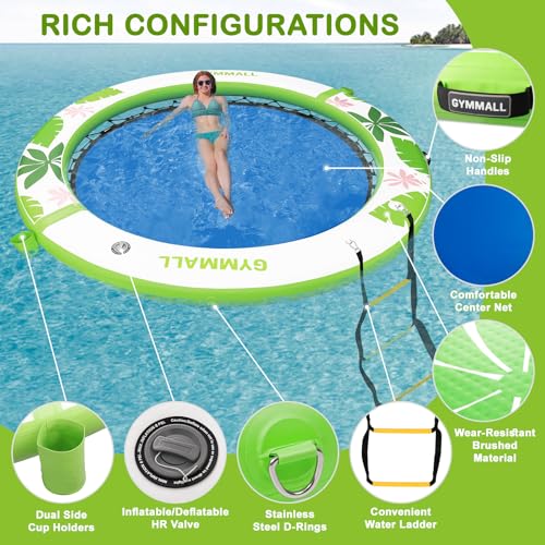 Image of Inflatable Water Hammock Floating Dock 8 FT with Mesh, Tanning Pool Raft Round Ring for Adults, Float Platform for Lake and Beach with Water Ladder and Cup Holder
