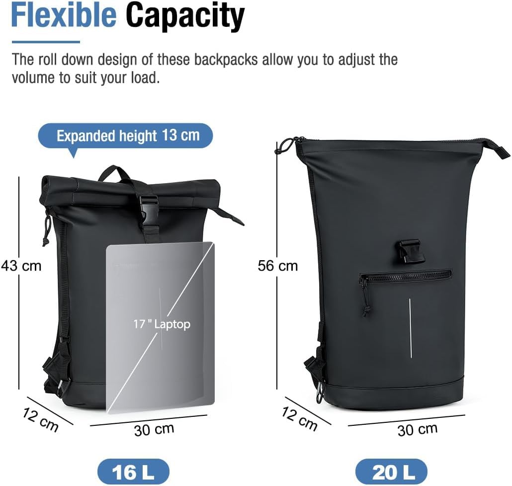 Lekeinchi Zaino Rolltop Uomo Donna Porta PC 17 Pollici | Zaino Impermeabile Uomo Donna - Grande Zaino con Strisce Riflettenti, Zaini da Viaggio Espandibile - Scuola Lavoro Università Ciclismo - Nero