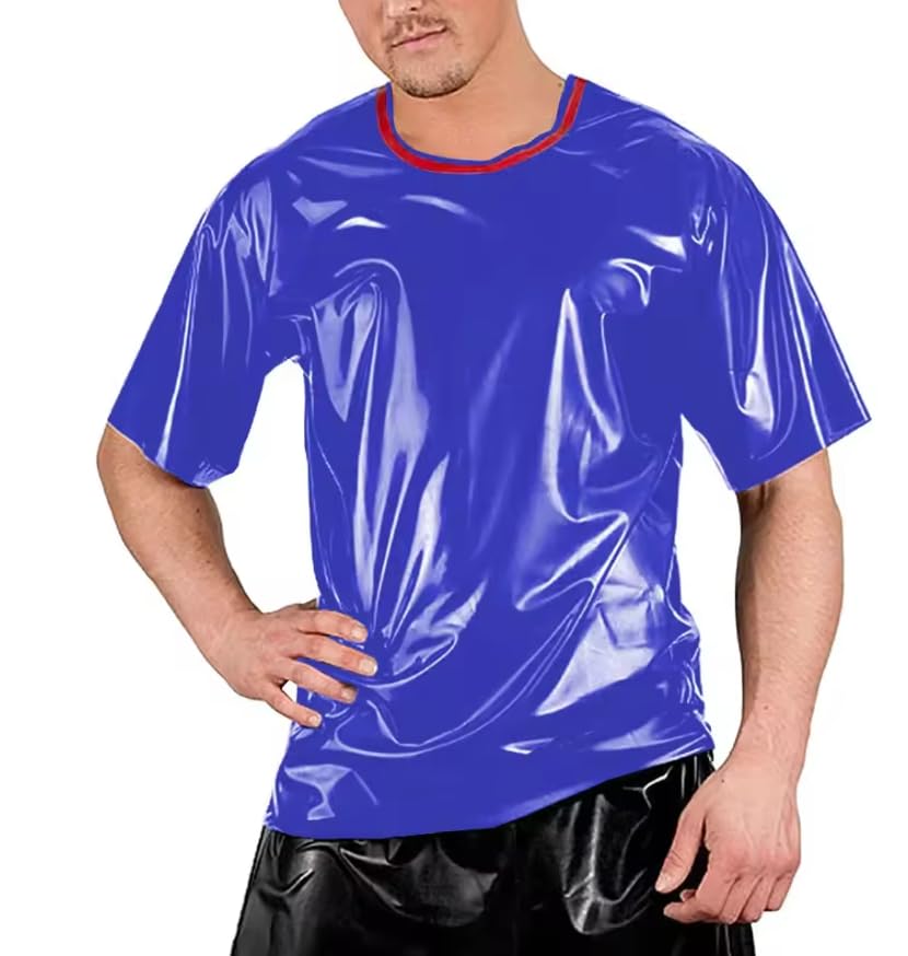 Męskie koszulki klubowe patchworkowe z krótkim rękawem PVC skórzane topy bodycon outdoorowa odzież uliczna personalizacja