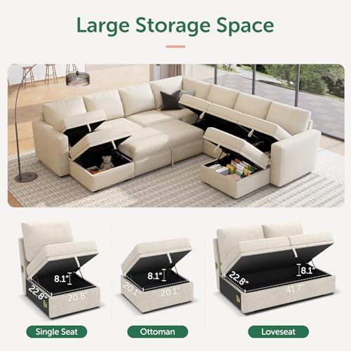 Image of HONBAY Modular Sectional Sleeper Sofa with Pull Out Couch, Oversized U Shaped Sleeper Pull Out Bed with Storage Sectional Couches for Living Room - Beige