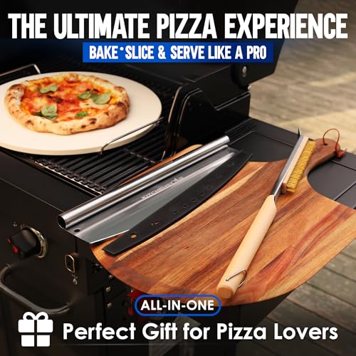 Image of KitchenStar 16-inch Pizza Making Set, 6 PCS - Pizza Stone + Stainless Steel Rack, Acacia Wood Pizza Peel, Pizza Cutter Rocker + Protective Cover, Metal Brush - Oven & Grill Accessories Kit