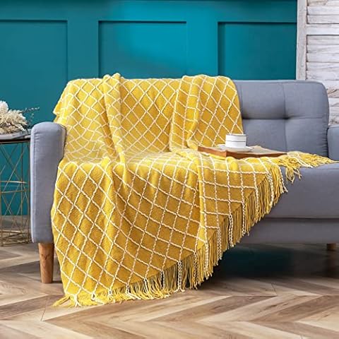 QUILTINA Bohemian Yellow Knitted Throw Blanket for Couch, 700G/SM Thick Soft Lightweight Warm Sofa & Bed Throw Blanket with Tassels for All Seasons and Decoration Use (50"x64") Cover