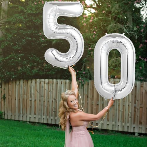 Image of Number Balloons Silver Party Balloon - Giant Number 50 Balloon, 40 Inch Large Balloon for 50th Birthday Decorations, Silver Party Supplies for Anniversary