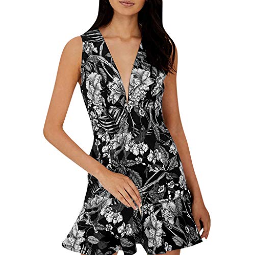 Sunnywill Women Dress, Women Summer V Neck Sleeveless Boho Dress Printed Beach Party Mini Dress Womens Stylish European Ins Style Midi Dress Tassel Dress Black