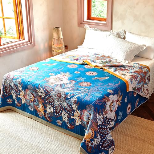 Boho Throw Blanket, 100% Organic Cotton Breathable Skin-Friendly Ultra Soft Bed Quilt Throw - All Season Floral Bird Farmhouse Décor Luxury Blanket for Sofa Couch Chair and Gift. 80" x 90"