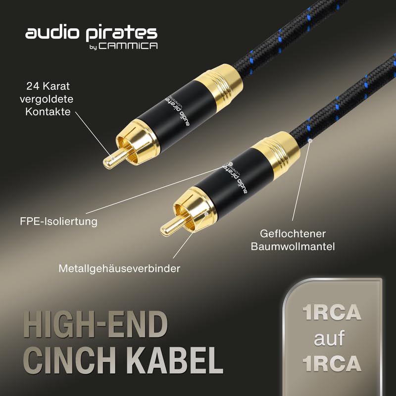 audio pirates by cammica - Cavo RCA, 1 connettore RCA su 1 connettore RCA, cavo audio di fascia alta con contatti in oro (7,5 metri)