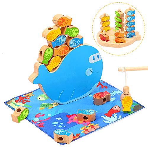 Vanplay STEM Stapelaar Peuter Speelgoed 4 in 1 Houten Veter Kralen Set Magnetische Vissen Spel Stapelen Blokken Balanceren Kleurrijke Speelset voor Kleuters