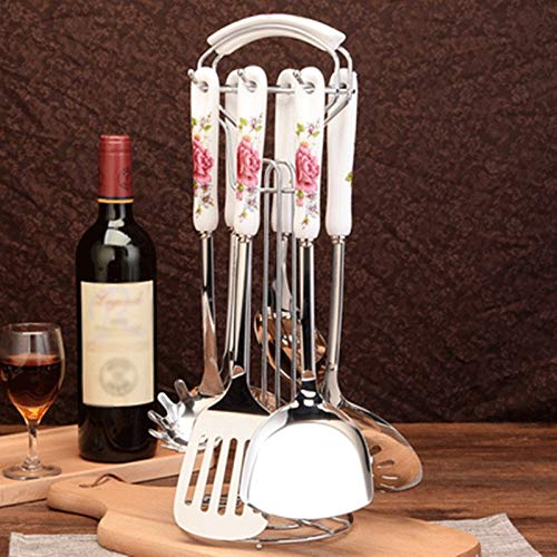 Utensilios de Cocina Utensilios de Cocina Cocinar 7 Piezas Mangos de cerámica Juego de Herramientas de Cocina Utensilios de Cocina de Acero Inoxidable Juego de cocinas Salteado Palas Cucharas Colador