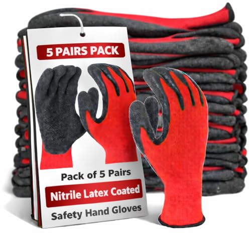 Image of Heavy Duty Coated Work Gloves For Industrial | Gardening | Agricultural |Cleaning. (Black Red (Latex Coated), Pack of 5 Pairs)