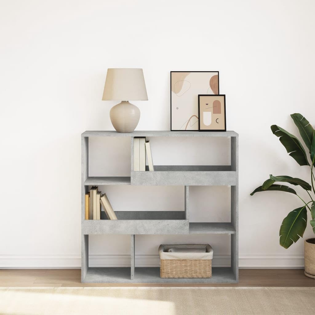 Bücherregal 6 Fächer Betongrau 100x33x94,5 cm | Holzwerkstoff, Raumteiler, pflegeleicht, feuchtes Tuch, inklusive Wandhalterung