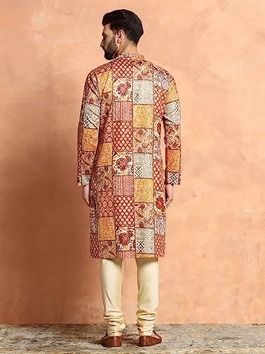 Image of KISAH Men's Navy Blue Printed Cotton Kurta - Regular Fit Long Tunic with Mandarin Collar | Ethnic Wear for Weddings & Festive Occasions