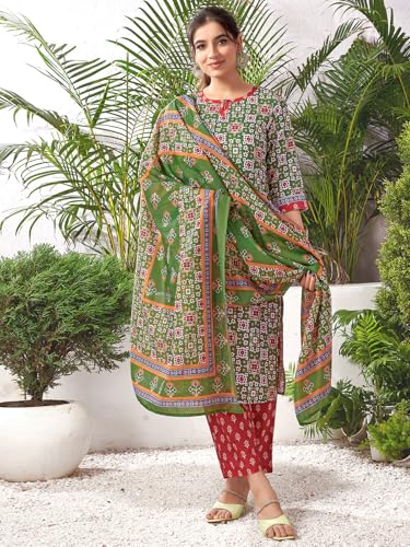 Sanisa Women's Rayon Blend Geometric Printed Straight Kurta With Pant And Dupatta Set (179Kbd1915N-M_Green & Red & Yellow & And Multi)
