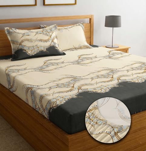 Image of IVAZA Ezyption Cotton Super Soft 240 TC Elastic Fitted All Around Elastic Printed King Size Double Bed Bedsheet with 2 Pillow Cover 72 inch X 78 inch3 Beige Black