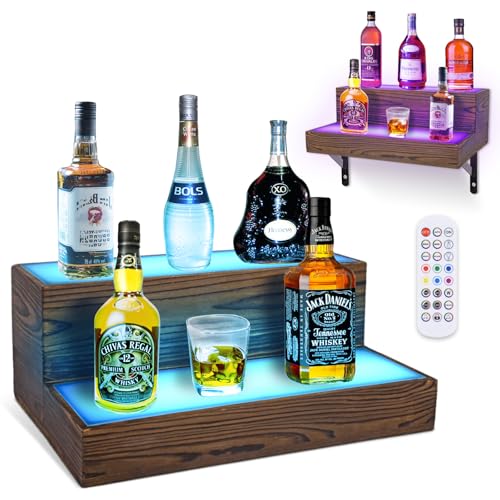 Wine Rack with LED Light Liquor Bottle Display Shelf Wall Mounted, 2 Tier Acrylic Illuminated Bar...