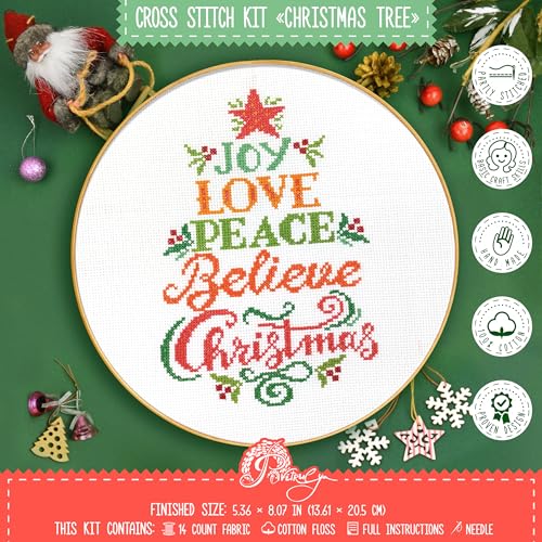 Image of Povitrulya Easy Counted Cross Stitch Kit for Adult Christmas Tree with Inspirational Words Joy, Love, Peace, Believe