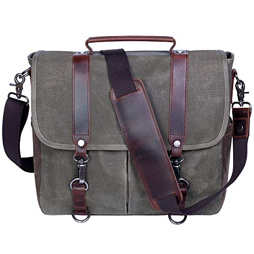 Mens Messenger Bag Waterproof Vintage Genuine Leather Waxed Canvas Briefcase Large Satchel Shoulder Bag Rugged Leather Computer Laptop Bag (Army Green)