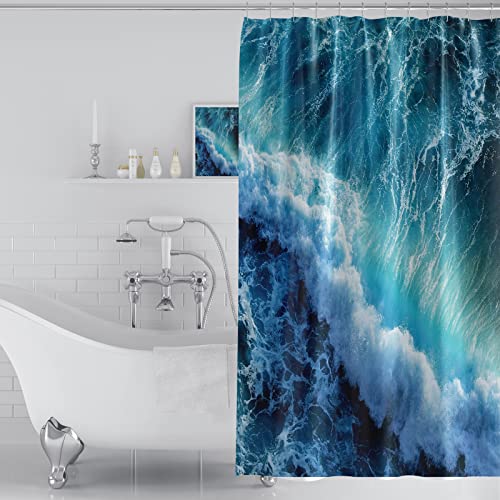 Shower Curtain Blue Mould Proof Resistant Waterproof 3D Ocean Waves Bathroom Curtains with 12 hooks Quick-Drying Weighted 180x180cm (71x71Inch) Polyester Shower Curtains for Bathroom Wet Room Tub - Image 3