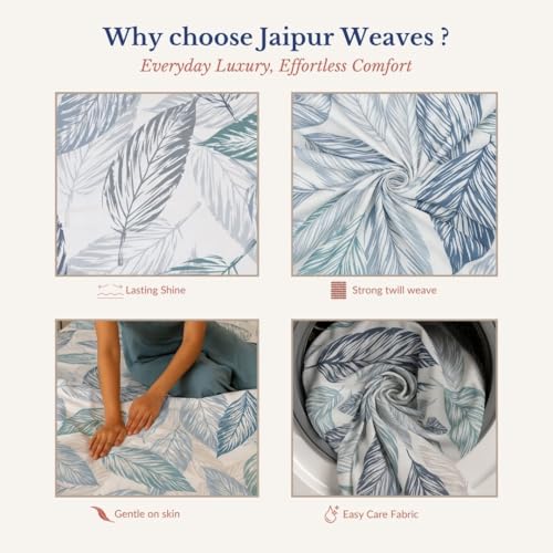 Image of Jaipur Weaves Cotton King Size Bedsheet 108x108 Super King, 100% Pure Cotton Bed Sheet with 2 Pillow Covers, 240 TC Soft Breathable Leafy Design Bedding - (Tealish Blue, Super King)