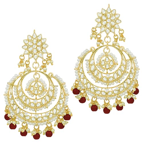 Image of Peora Traditional Jewellery Rhodium Kundan & Pearl Maang Tikka Earring Set for Women Girls