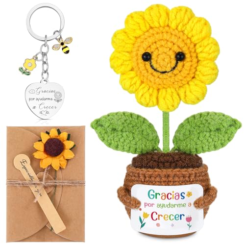 Chalyna Conjunto de presentes de agradecimento para professor inclui girassol de crochê positivo, porta-chaves com frases de graças por me ajudar a crescer, cartão de felicitações para graduação